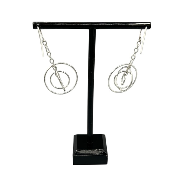 Silver Tone Geometric Circle Drop Earrings - Picture 6 of 8